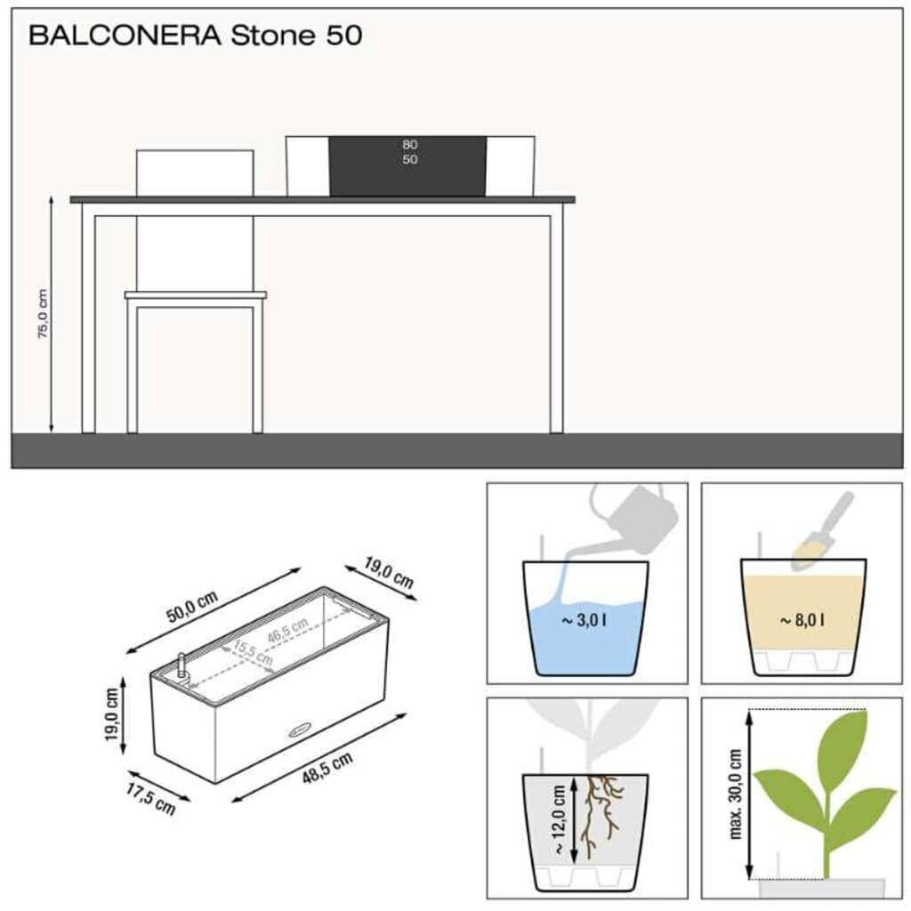 LECHUZA puķu kaste BALCONERA Stone 50 ALL-IN-ONE, pelēka cena un informācija | Balkona kastes | 220.lv