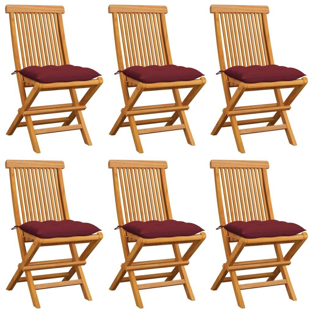 vidaXL dārza krēsli, vīnsarkani matrači, 6 gab., masīvs tīkkoks cena un informācija | Dārza krēsli | 220.lv