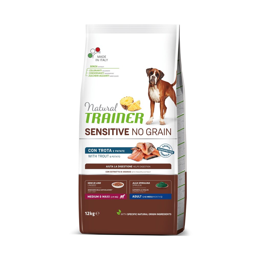 NATURAL TRAINER ADULT DOG SENSITIVE NO GRAIN TROUT Medium Maxi sausā barība bez graudiem ar foreli vidējo un lielo šķirņu suņiem 12kg cena un informācija | Sausā barība suņiem | 220.lv