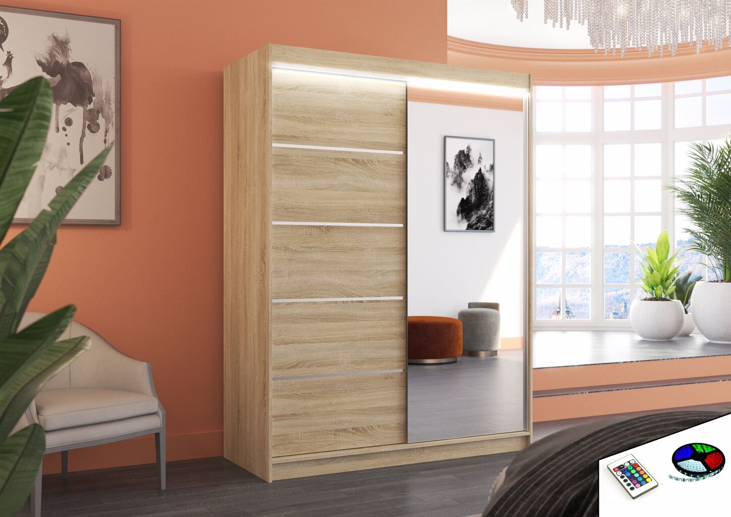 Skapis ar LED apgaismojumu ADRK Furniture Limbo, ozola krāsas цена и информация | Skapji | 220.lv