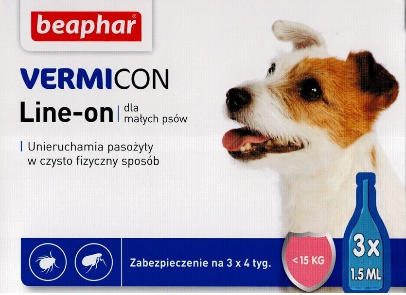 Pilieni no parazītiem suņiem Beaphar Vermicon Dog S, <15 kg, 3x1.5 ml cena un informācija | Vitamīni, uztura bagātinātāji, pretparazītu līdzekļi suņiem | 220.lv