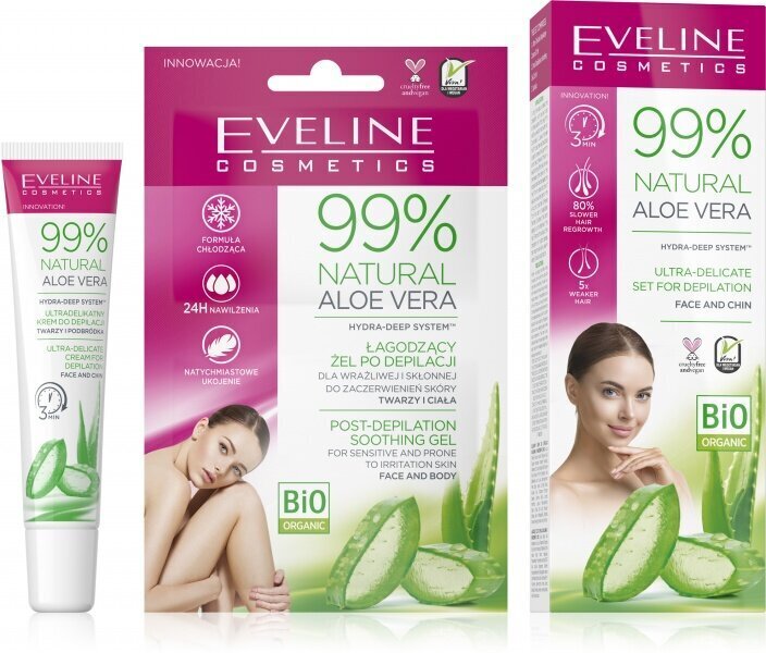 EVELINE 99% Natural Aloe Vera depilācijas krēms sejai 20ml & gels pēc depilācijas 2.5ml цена и информация | Depilācijas līdzekļi, vaksācijas piederumi | 220.lv