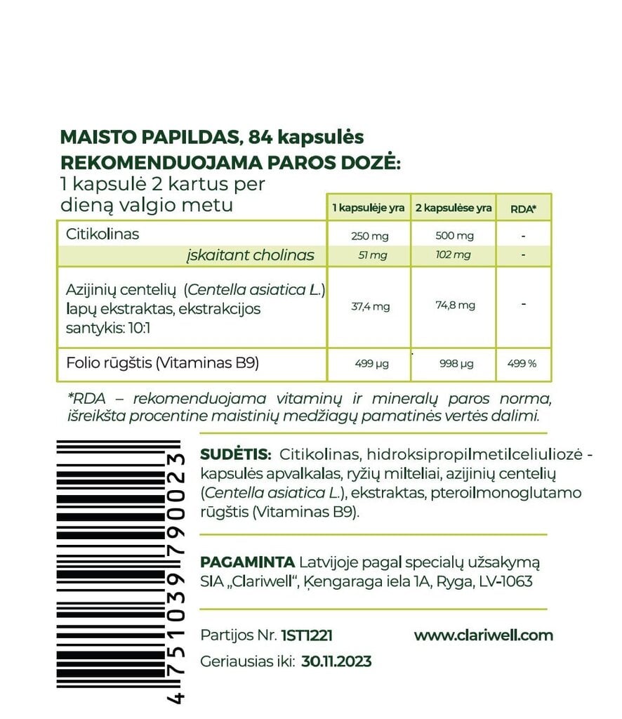 Uztura bagātinātājs CLARIWELL Strokex kaps. N84 cena un informācija | Vitamīni, preparāti, uztura bagātinātāji labsajūtai | 220.lv