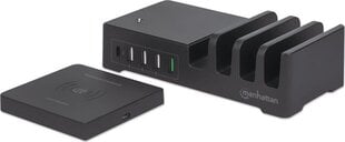 Зарядная станция Manhattan 55 W 1 x USB-C PD 30 W, 1 x USB-A QC 3,0 18 W, 3 x USB-A 5 V 2,4 A (36 W) и Qi 10 W беспроводное индукционное зарядное устройство цена и информация | Зарядные устройства для телефонов | 220.lv