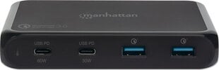 Зарядная станция Manhattan 1x USB-C PD 60W, 1x USB-C PD 30W, 2x USB-A, черная цена и информация | Зарядные устройства для телефонов | 220.lv