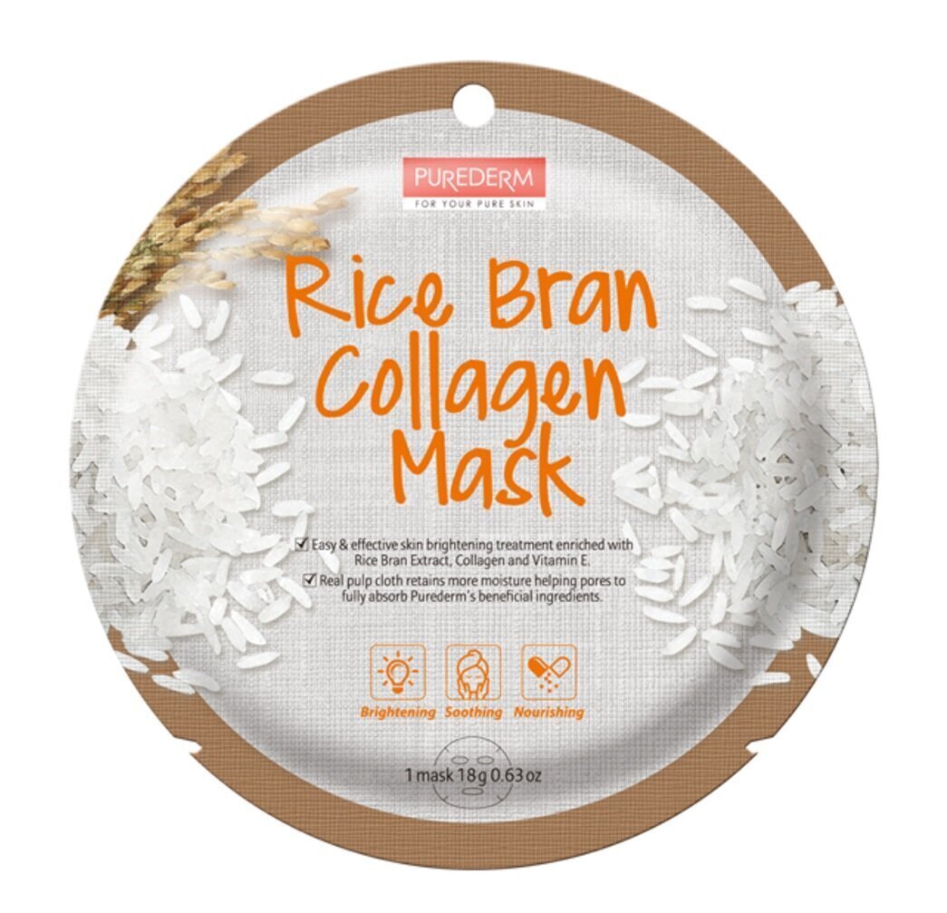 Sejas maska ​​sievietēm ar kolagēnu un rīsu ekstraktu PUREDERM Rice Bran Collagen Mask, 18g cena un informācija | Sejas maskas, acu maskas | 220.lv