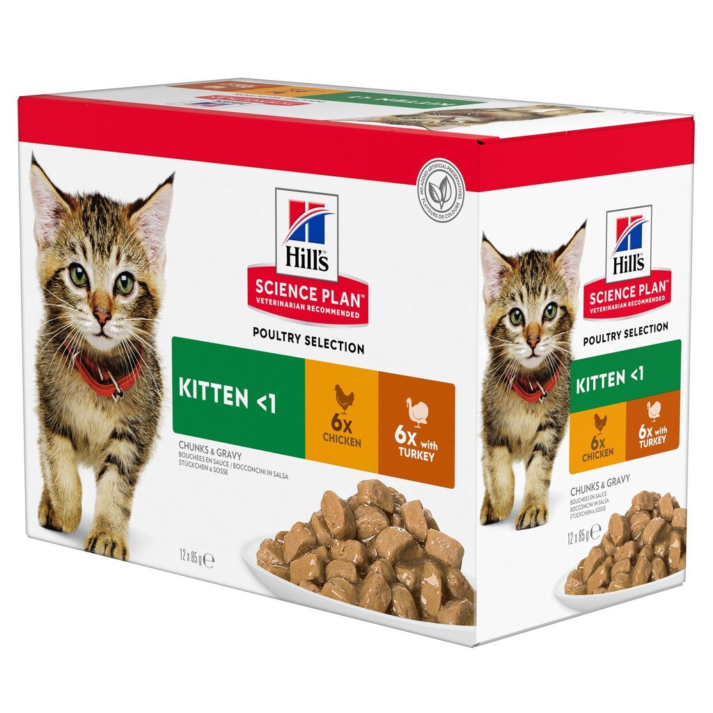 Hill's Science Plan Kitten barība kaķēniem ar tītaru/vistu, 12 x 85 g cena un informācija | Konservi kaķiem | 220.lv