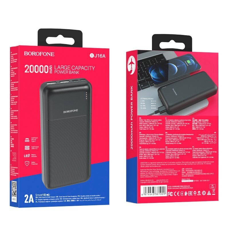 Borofone BJ16A Cube power banka 20000 mAh / 2 x USB melna цена и информация | Lādētāji-akumulatori (Power bank) | 220.lv