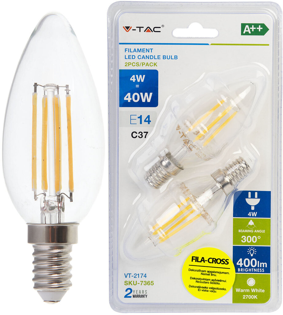 LED lampa, 2-pack E14 / 4 W / 400 lm / 4 W / kvēlsvece cena un informācija | Spuldzes | 220.lv