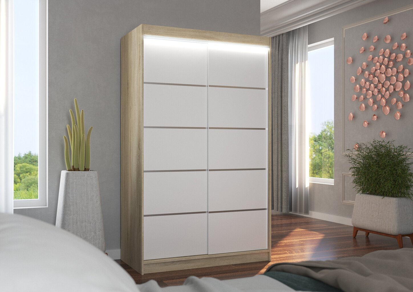 Skapis ar LED apgaismojumu ADRK Furniture Benisso, ozola krāsas/balts цена и информация | Skapji | 220.lv