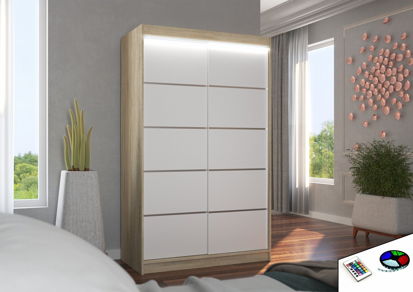 Skapis ar LED apgaismojumu ADRK Furniture Benisso, ozola krāsas/balts цена и информация | Skapji | 220.lv