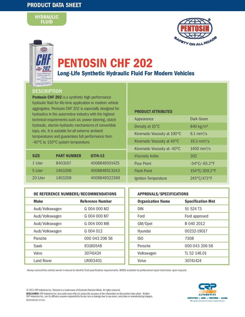 Stūres pastiprinātāja hidrauliskais šķidrums - Pentosin CHF 202 цена и информация | Eļļas citām autodaļām | 220.lv
