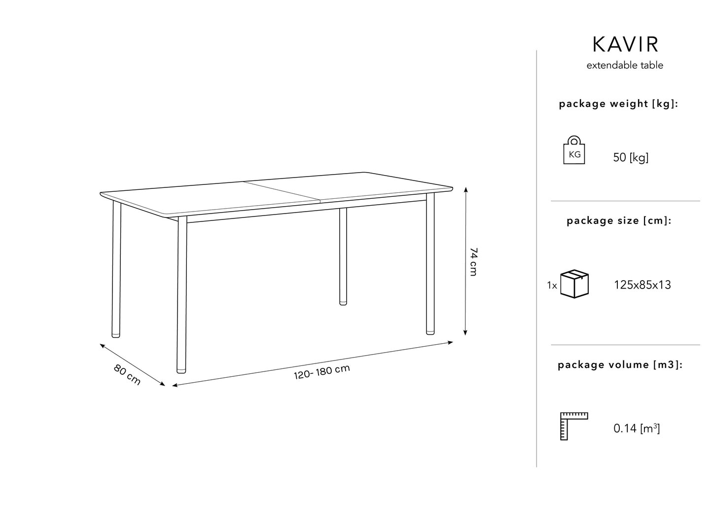 Paplašināms galds Micadoni Home Kavir, 120x80 cm, melns cena un informācija | Virtuves galdi, ēdamgaldi | 220.lv