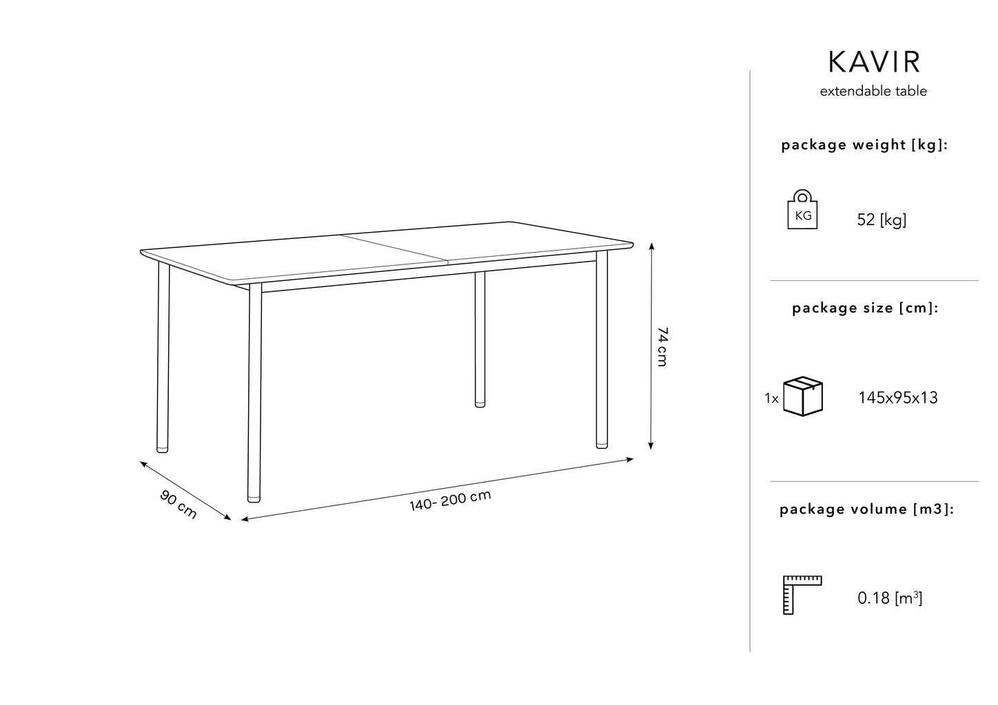 Paplašināms galds Micadoni Home Kavir, 140x90 cm, melns цена и информация | Virtuves galdi, ēdamgaldi | 220.lv