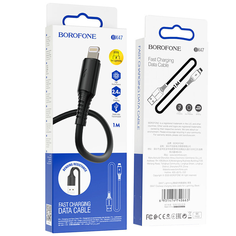 Kabelis Borofone Cable BX47 Coolway — USB uz Lightning — 2,4 A, 1 metrs, melns цена и информация | Savienotājkabeļi | 220.lv