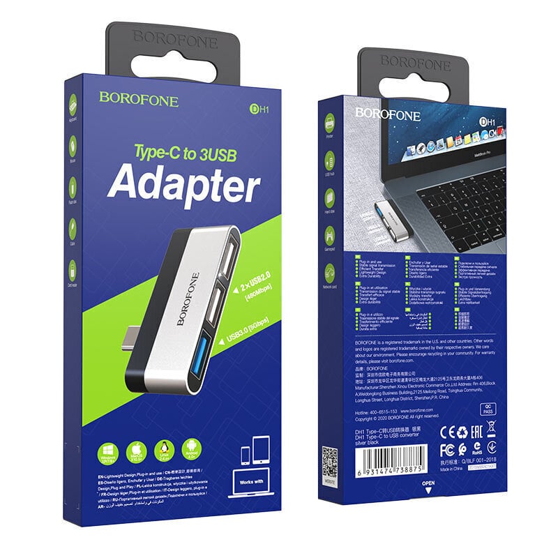 HUB / adapteris BOROFONE DH1 Type-C - 3 x USB | 2 x USB x 2.0 + 1 x USB x 3.0 cena un informācija | Adapteri un USB centrmezgli | 220.lv