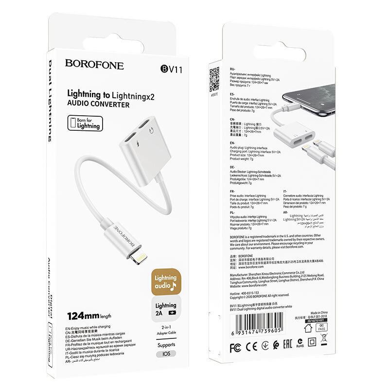 OTG adapteris / HUB Lightning (Apple) to 2 x Lightning (Apple), Borofone BV11, balts cena un informācija | Adapteri un USB centrmezgli | 220.lv