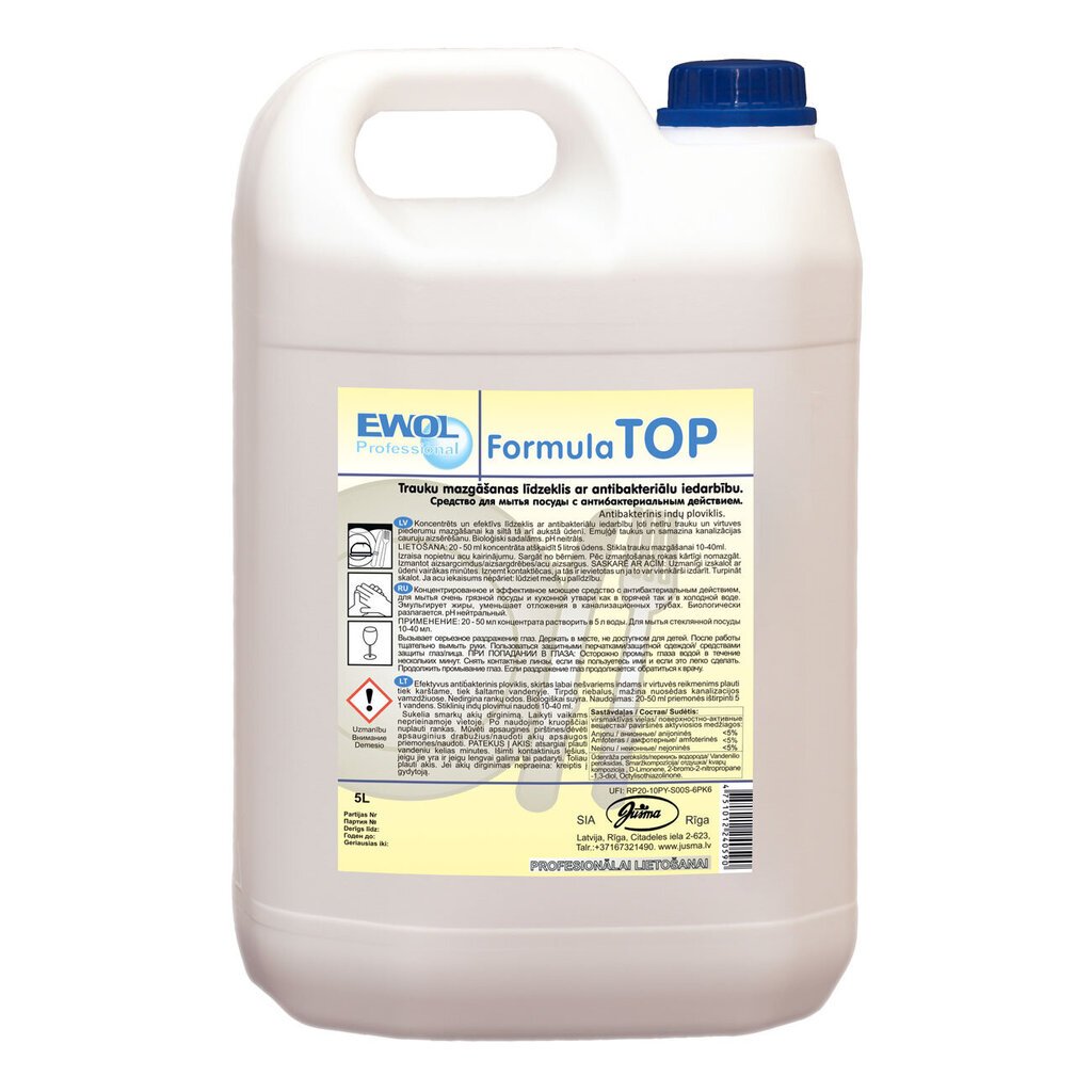 Trauku mazgāšanas līdzeklis ar antibakteriālu iedarbību EWOL TOP, 5L cena un informācija | Trauku mazgāšanas līdzekļi | 220.lv