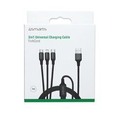 Кабель для зарядки 4smarts Textile Cable 3in1 ForkCord Micro USB/USB-C/Lightning, 1 м, черный цена и информация | Кабели и провода | 220.lv
