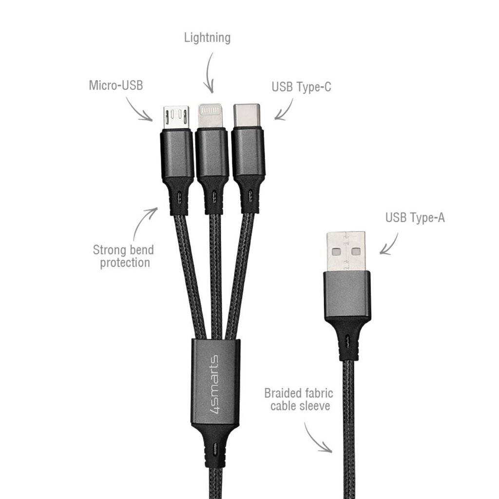 4smarts 3in1, Micro-USB/USB-C/Lightning, 1 m cena un informācija | Kabeļi un vadi | 220.lv