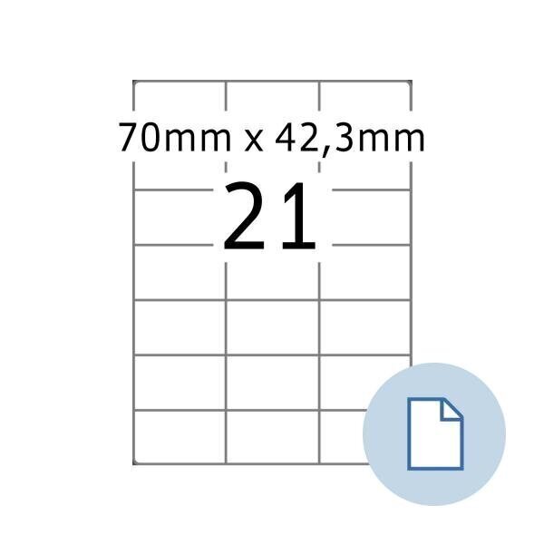 A4 Pašlīmējošās uzlīmes loksnes etiķetes. A4 etiķetes 21 par lapu. (70 * 42.3) * 21. Loksnes kastē - 100 - цена и информация | Burtnīcas un papīra preces | 220.lv