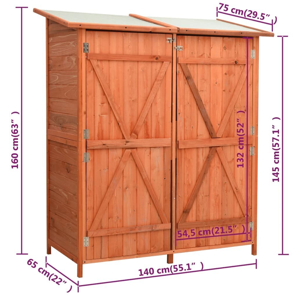 vidaXL dārza instrumentu šķūnis, 135,5x75x160 cm, egles masīvkoks cena un informācija | Instrumentu kastes | 220.lv