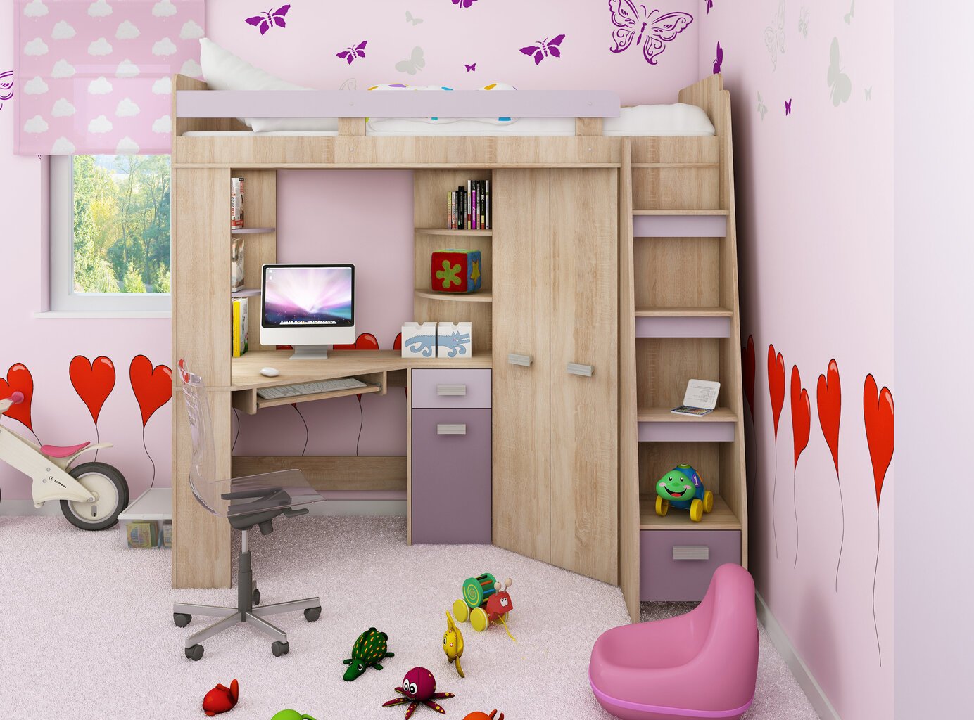 Divstāvu gulta Antresola P 200x80 cm, ozola/violetā krāsā цена и информация | Bērnu gultas | 220.lv