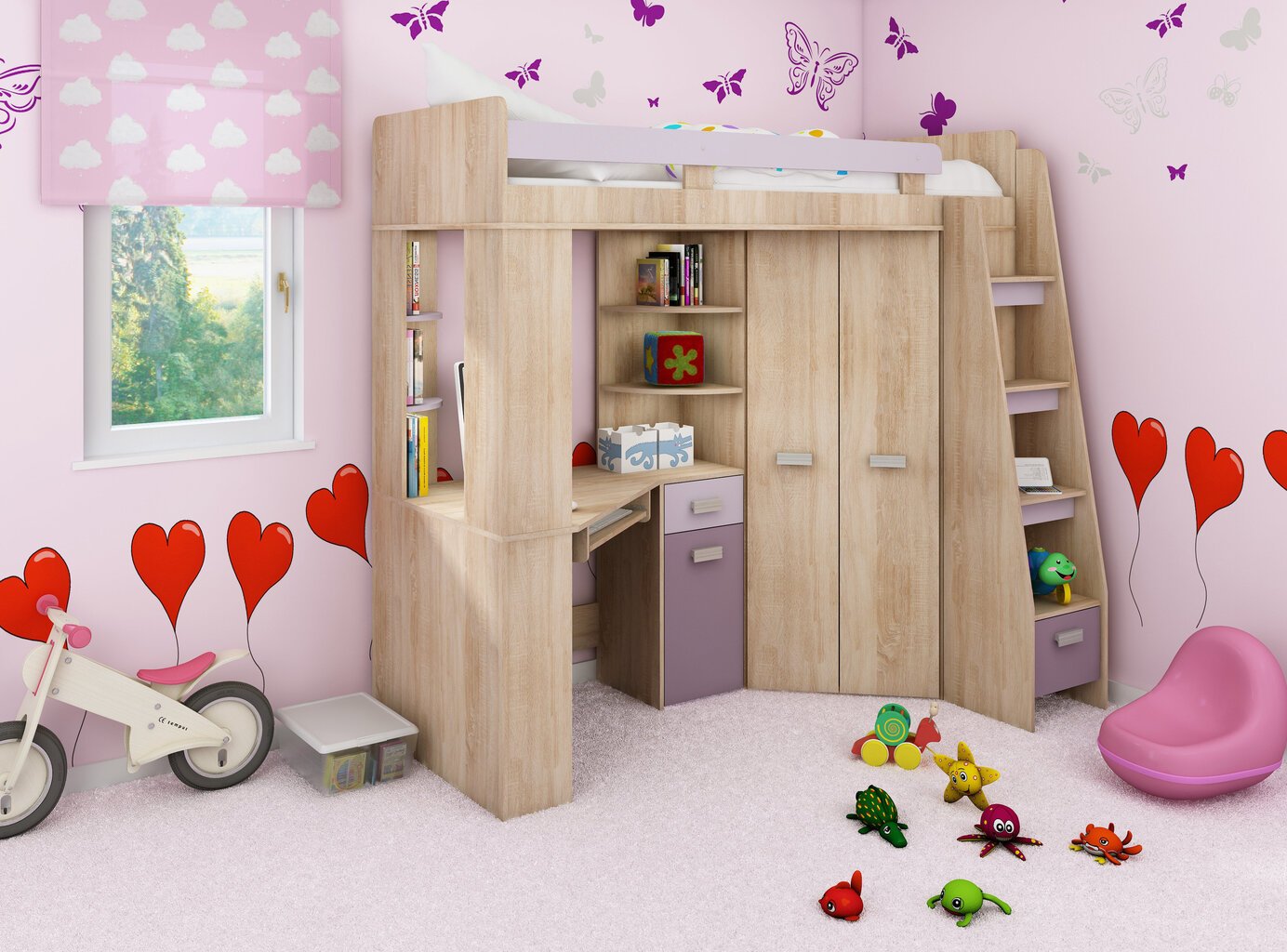 Divstāvu gulta Antresola P 200x80 cm, ozola/violetā krāsā cena un informācija | Bērnu gultas | 220.lv