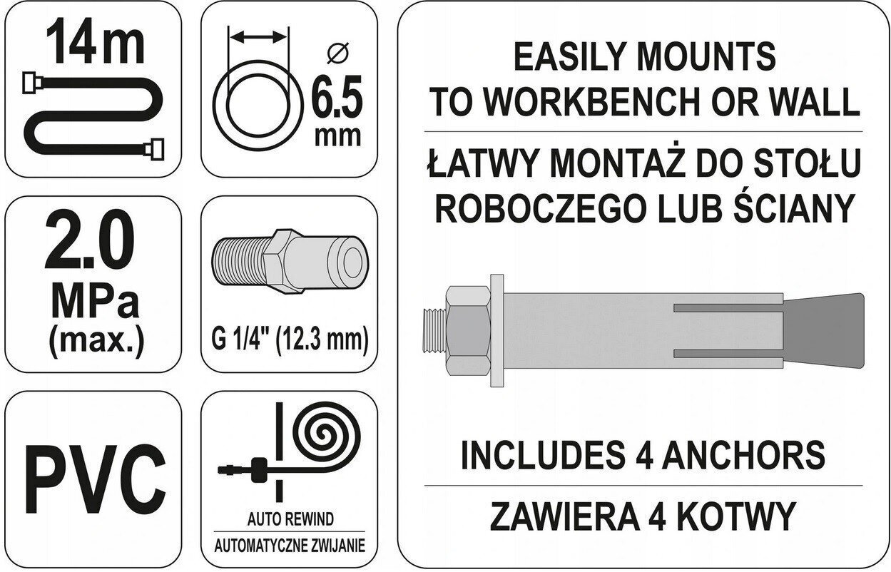 Gaisa šļūtenes spole Yato 1/4'', 10M, YT-24242 cena un informācija | Rokas instrumenti | 220.lv