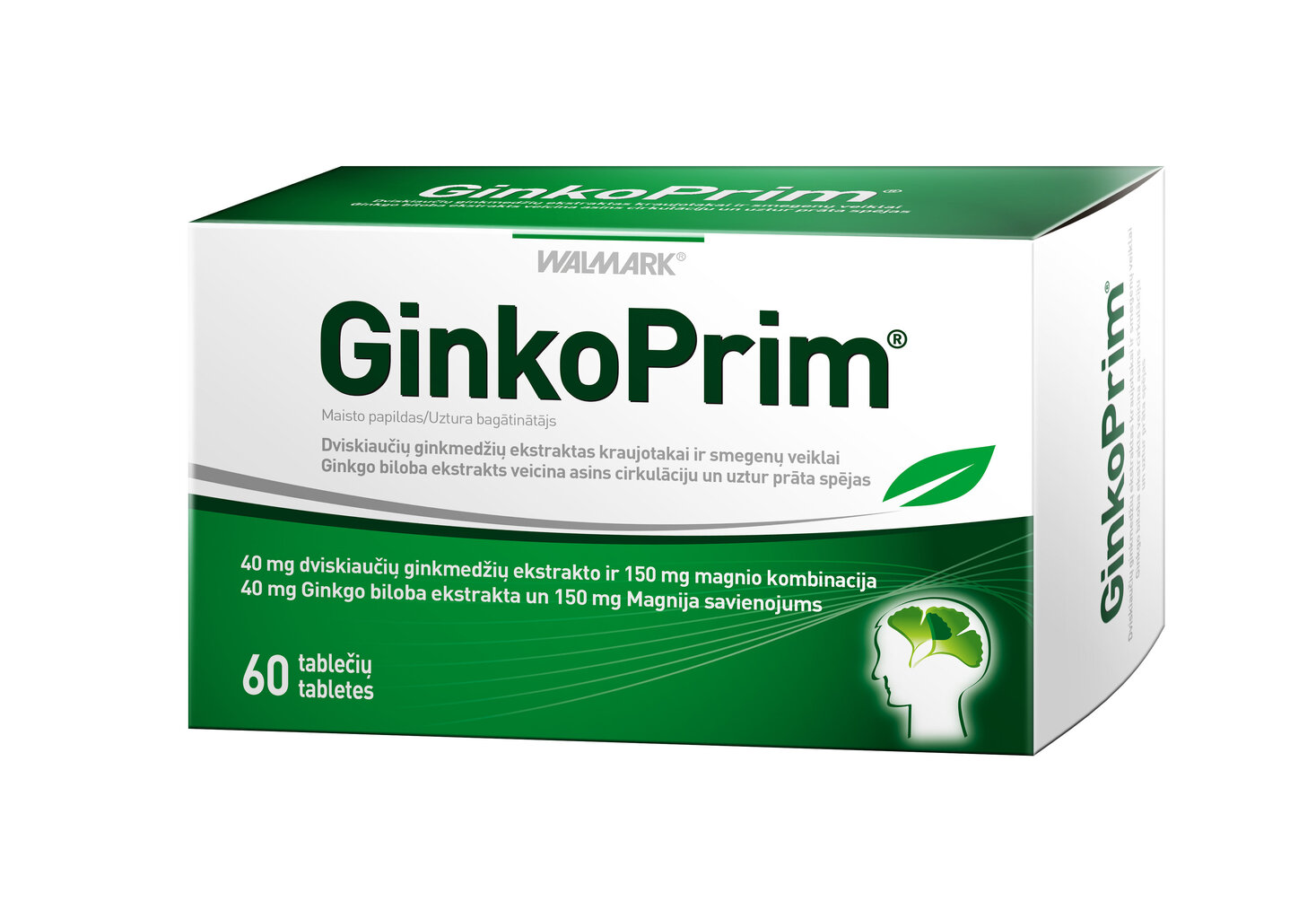 Uztura bagātinātājs Ginkgo biloba ekstrakta un magnija savienojums, WM. GinkoPrim 40mg tab. N60 цена и информация | Vitamīni, preparāti, uztura bagātinātāji labsajūtai | 220.lv