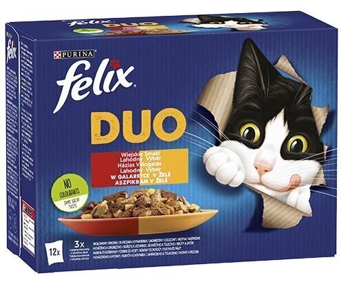 Felix Duo liellopu gaļas un mājputnu, vistas un nieru, jēra un teļa gaļas, tītara un aknu garša, 12x85 g cena un informācija | Konservi kaķiem | 220.lv