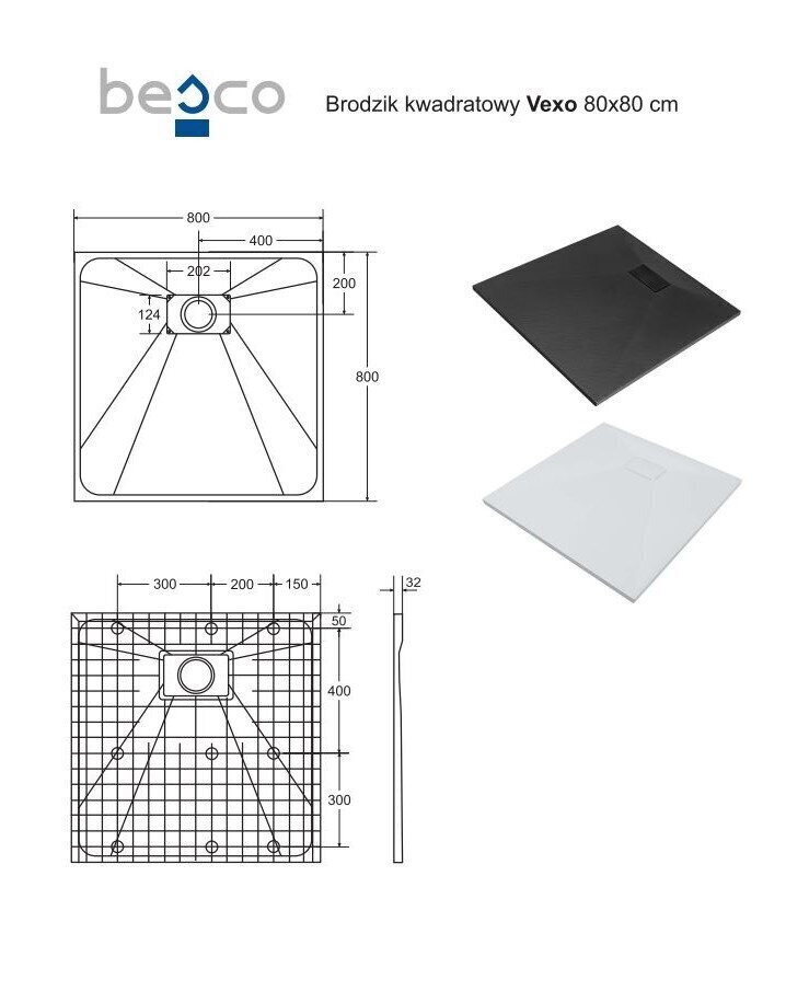 Kvadrāta dušas paliktnis Besco Vexo, 80x80, 90x90 cm cena un informācija | Dušas paliktņi | 220.lv