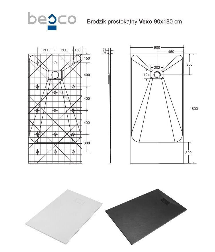 Dušas paliktnis Besco Vexo, 90x120,130,140,150,160,170,180 cm cena un informācija | Dušas paliktņi | 220.lv