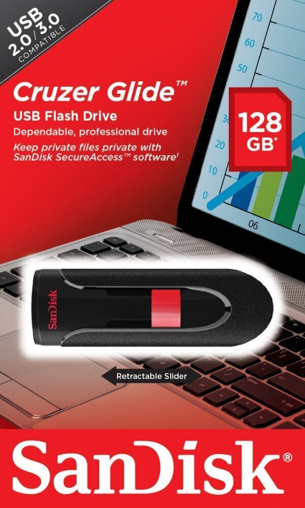 USB zibatmiņa, SanDisk 128GB USB2.0 Flash Drive Cruzer Glide cena un informācija | USB Atmiņas kartes | 220.lv