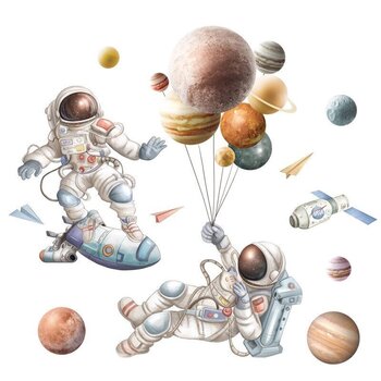 Bērniem domātas telpas sienas uzlīme Astronauti un planētas цена и информация | Декоративные наклейки | 220.lv