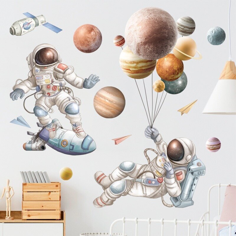 Bērniem domātas telpas sienas uzlīme Astronauti un planētas cena un informācija | Dekoratīvās uzlīmes | 220.lv