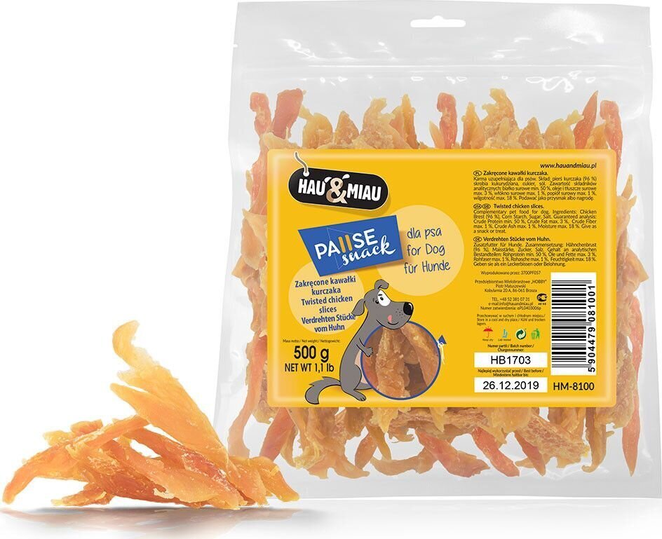 Hau&Miau twisted chicken slices - Vistas fileja, 500 g cena un informācija | Gardumi suņiem | 220.lv