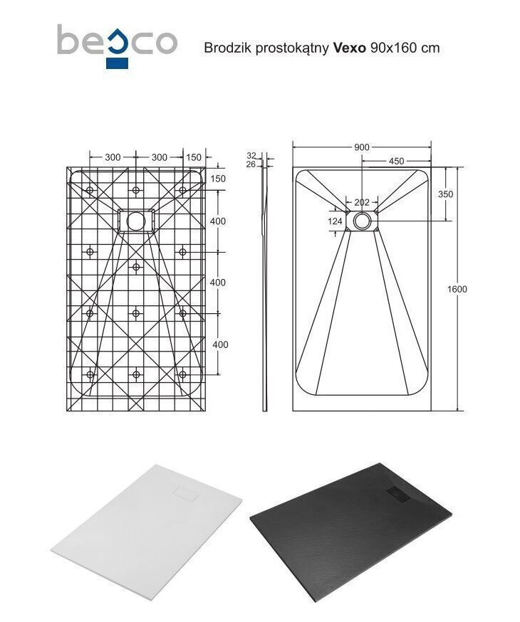 Dušas paliktnis Besco Vexo Black, 90x120,130,140,150,160,170,180 cm cena un informācija | Dušas paliktņi | 220.lv