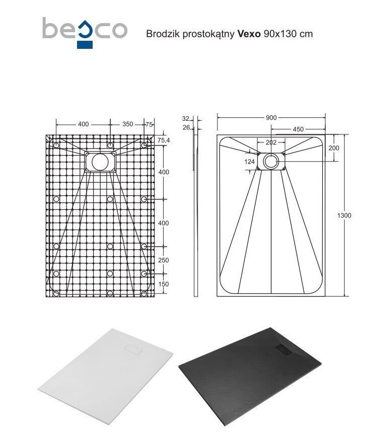 Dušas paliktnis Besco Vexo Black, 90x120,130,140,150,160,170,180 cm cena un informācija | Dušas paliktņi | 220.lv