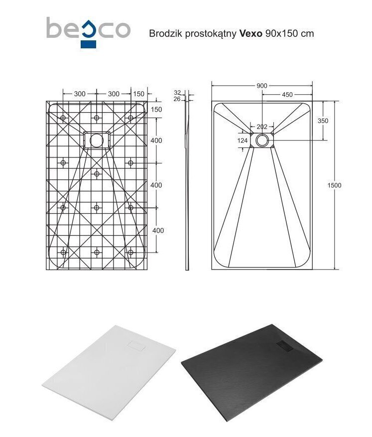 Dušas paliktnis Besco Vexo Black, 90x120,130,140,150,160,170,180 cm cena un informācija | Dušas paliktņi | 220.lv