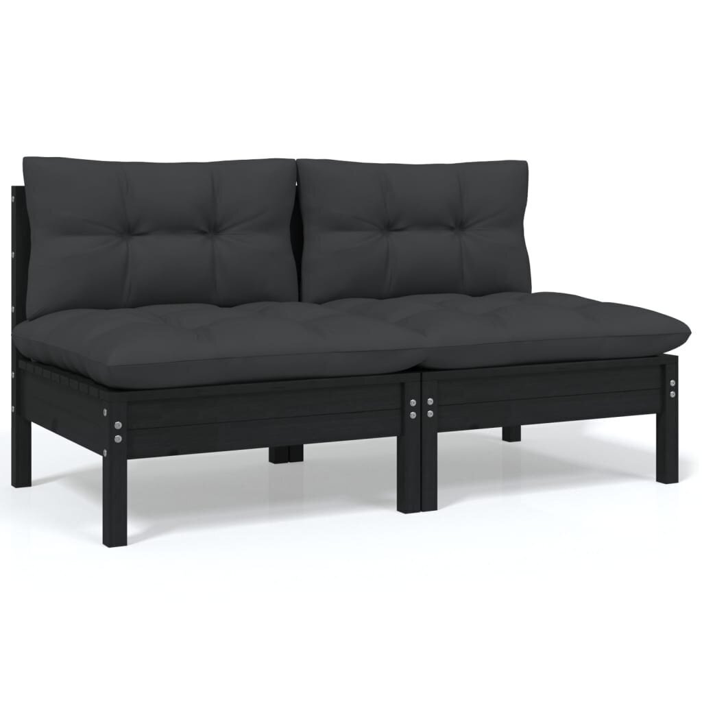 vidaXL 2-vietīgs dārza dīvāns ar spilveniem, melns priedes masīvkoks cena un informācija | Dārza krēsli | 220.lv