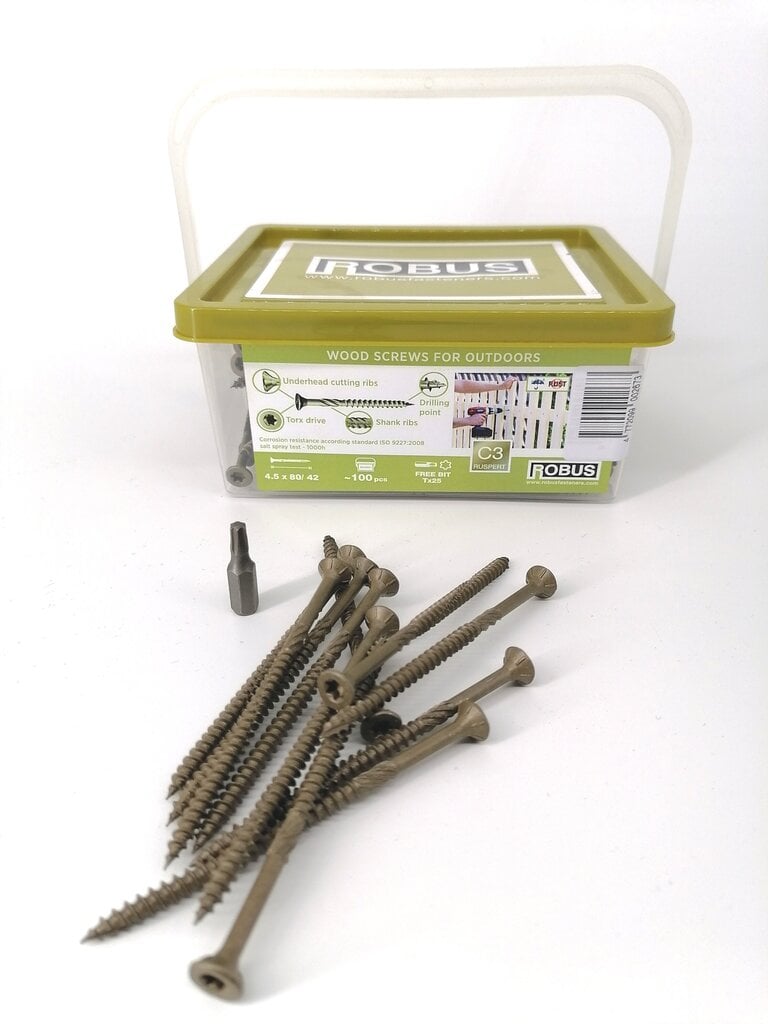 Kokskrūves lauku darbiem, torx, C3, 4,5 x 80/42, 100 gab. + dāvana torx galvai цена и информация | Stiprinājumi | 220.lv