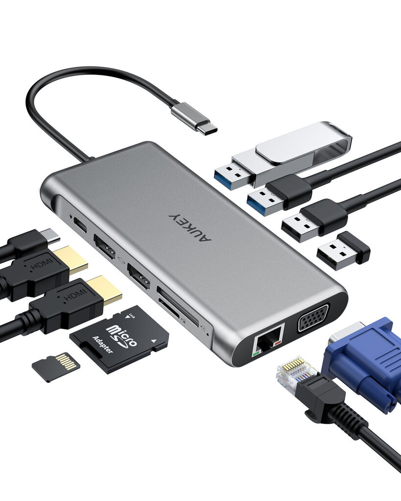 HUB CB-C78 aluminum USB-C | 12w1 | RJ45 Ethernet 10/100/1000Mbps | 2xUSB 3.1 | 2xUSB 2.0 | 2xHDMI 4k@30Hz | VGA | SD i microSD | USB-C | USB-C цена и информация | Adapteri un USB centrmezgli | 220.lv