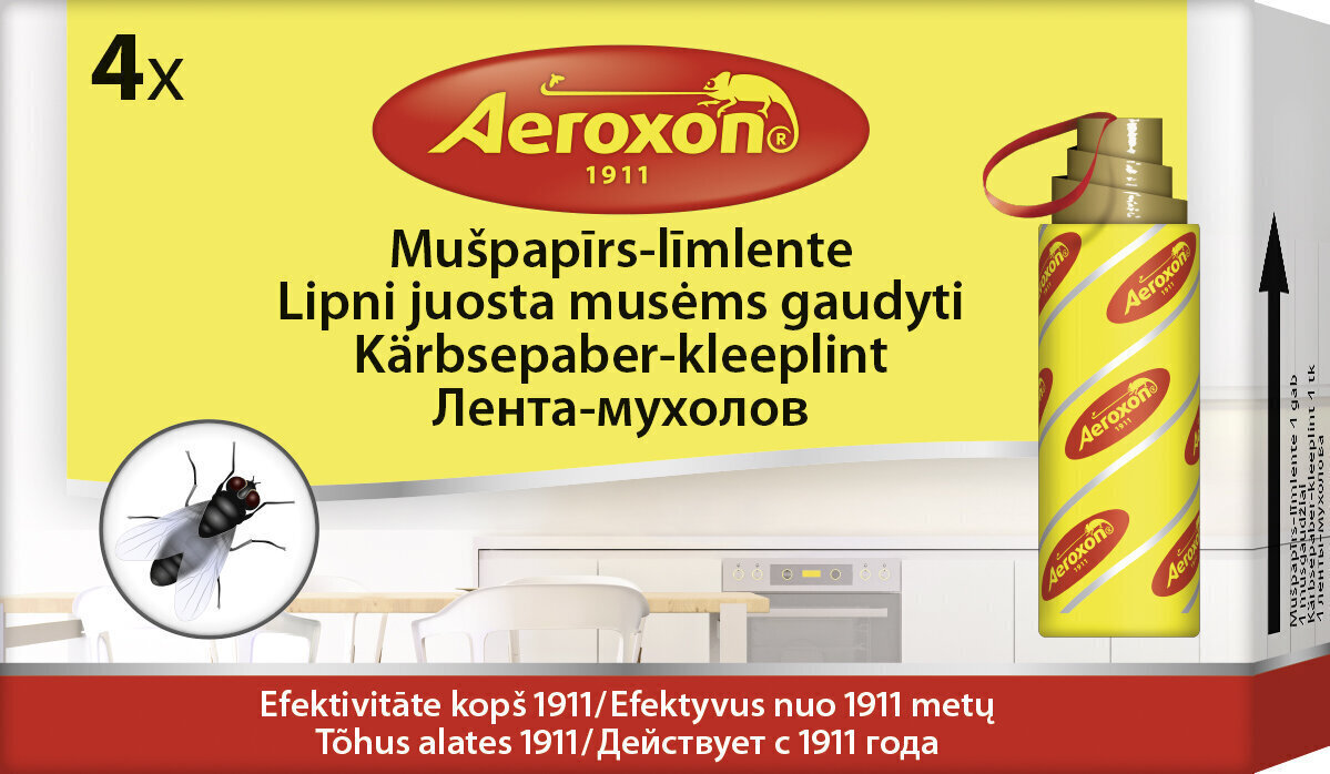 Aeroxon mušpapīrs-līmlente (rullītis) 12gab (3 iepak. pa 4 gab.) cena un informācija | Aizsardzībai pret kukaiņiem | 220.lv