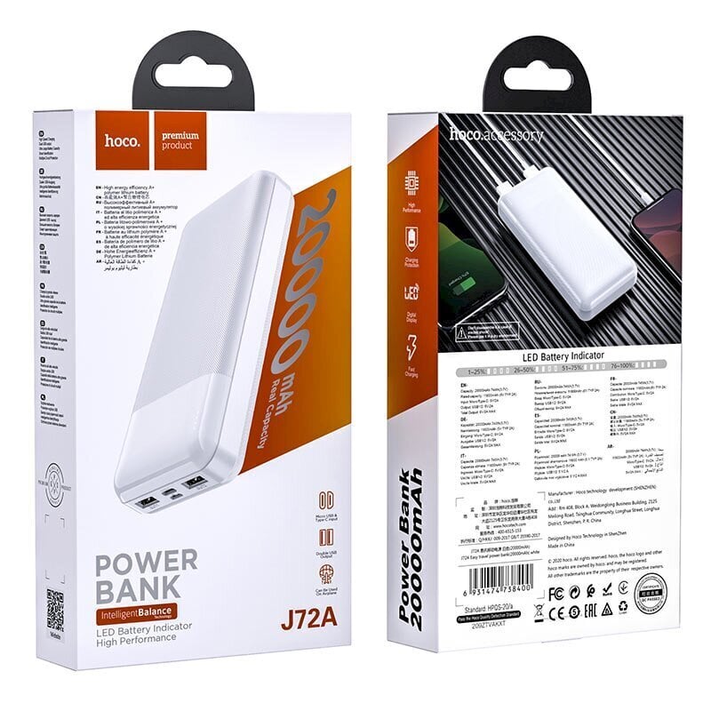 HOCO J72A Easy power banka 20000 mAh / 2 x USB balta cena un informācija | Lādētāji-akumulatori (Power bank) | 220.lv
