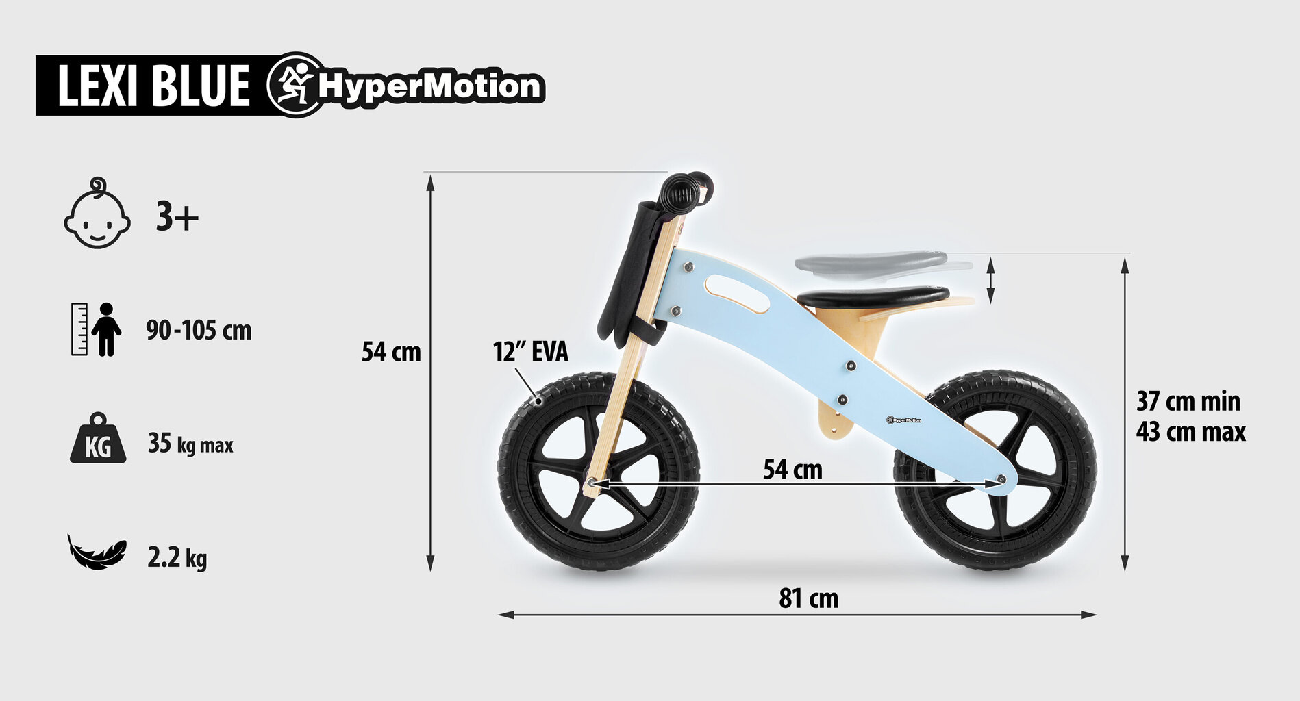 Koka skriešanas velosipēds HyperMotion LEXI - putuplasta riteņi, īpaši viegls - zils cena un informācija | Balansa velosipēdi | 220.lv
