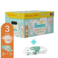 Подгузники Pampers Premium Care размер 3, 6-10 кг, 120 шт. + ПОДАРОК Aqua Pure 48 шт. детские салфетки цена и информация | Подгузники | 220.lv