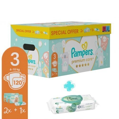 Подгузники Pampers Premium Care размер 3, 6-10 кг, 120 шт. + ПОДАРОК Aqua  Pure 48 шт. детские салфетки цена | 220.lv