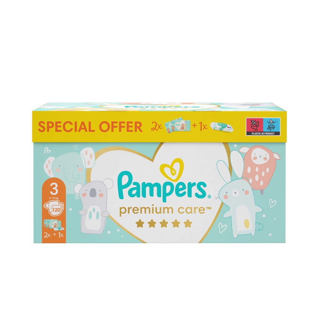 Pampers Premium Care, 3. Izmērs (Mini) 6–10 Kg, 120 Autiņbiksītes + BEZMAKSAS Aqua Pure 48 Mitrās Salvetes cena un informācija | Autiņbiksītes | 220.lv