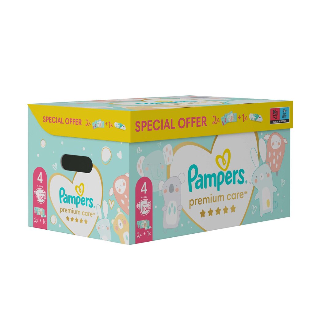 Pampers Premium Care, 4. Izmērs (Mini) 9–14 Kg, 104 Autiņbiksītes + BEZMAKSAS Aqua Pure 48 Mitrās Salvetes cena un informācija | Autiņbiksītes | 220.lv